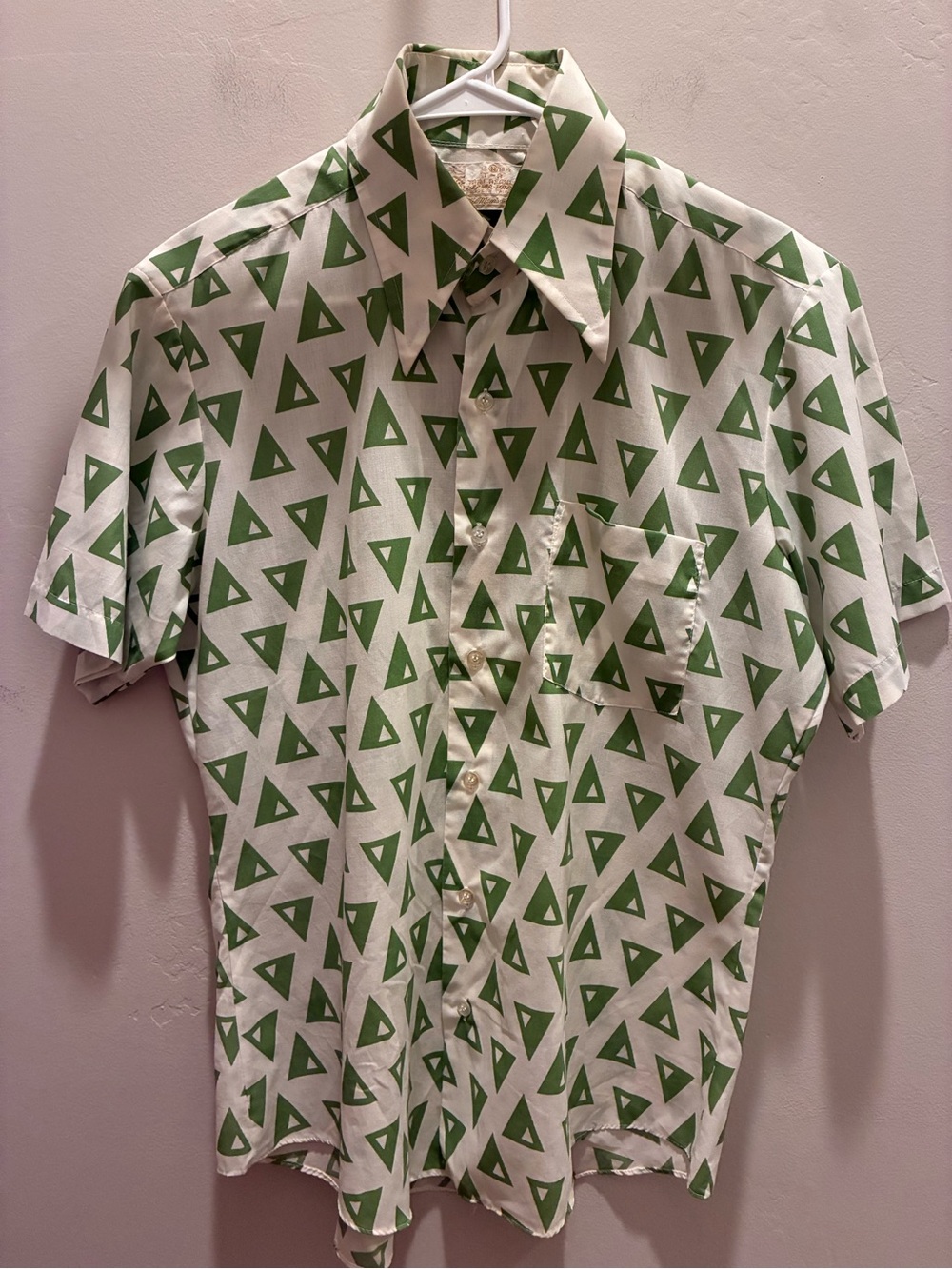 VTG 70’s Sears Men's Casual Short-Sleeve Button-Down Shirt Green Triangle Print